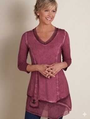 SOFT SURROUNDINGS Berry Red Mineral Washed Fleur De Lis Tunic Top Boho Sz Large